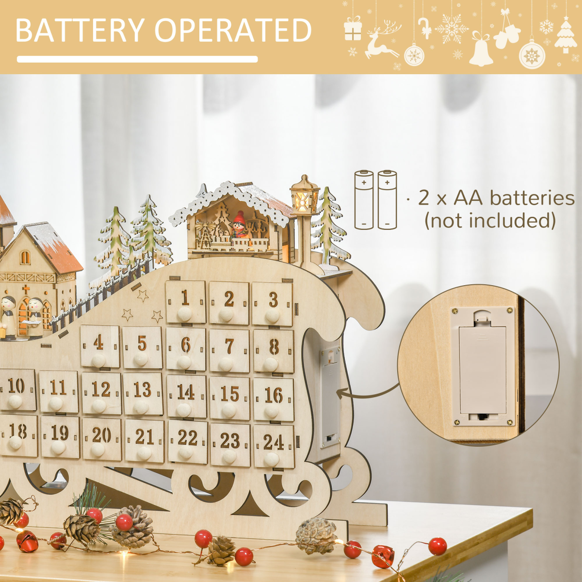 Light-Up Wooden Sleigh Advent Calendar - 24 Drawers, Natural Finish