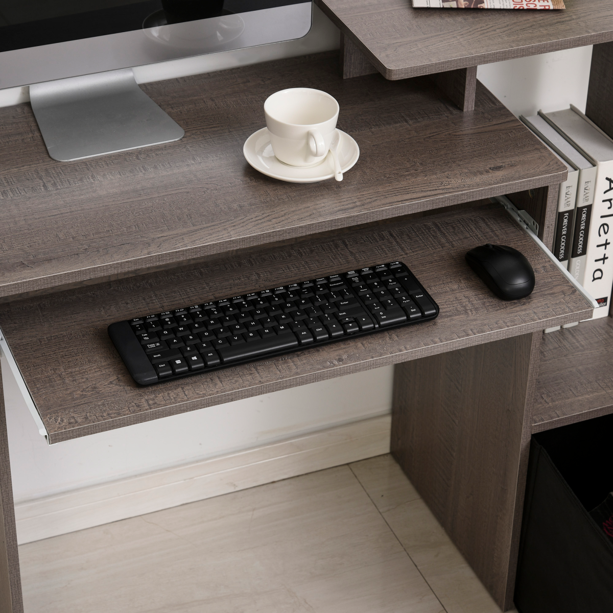 Chic Grey Computer Desk with Sliding Tray & Stylish Storage Solutions