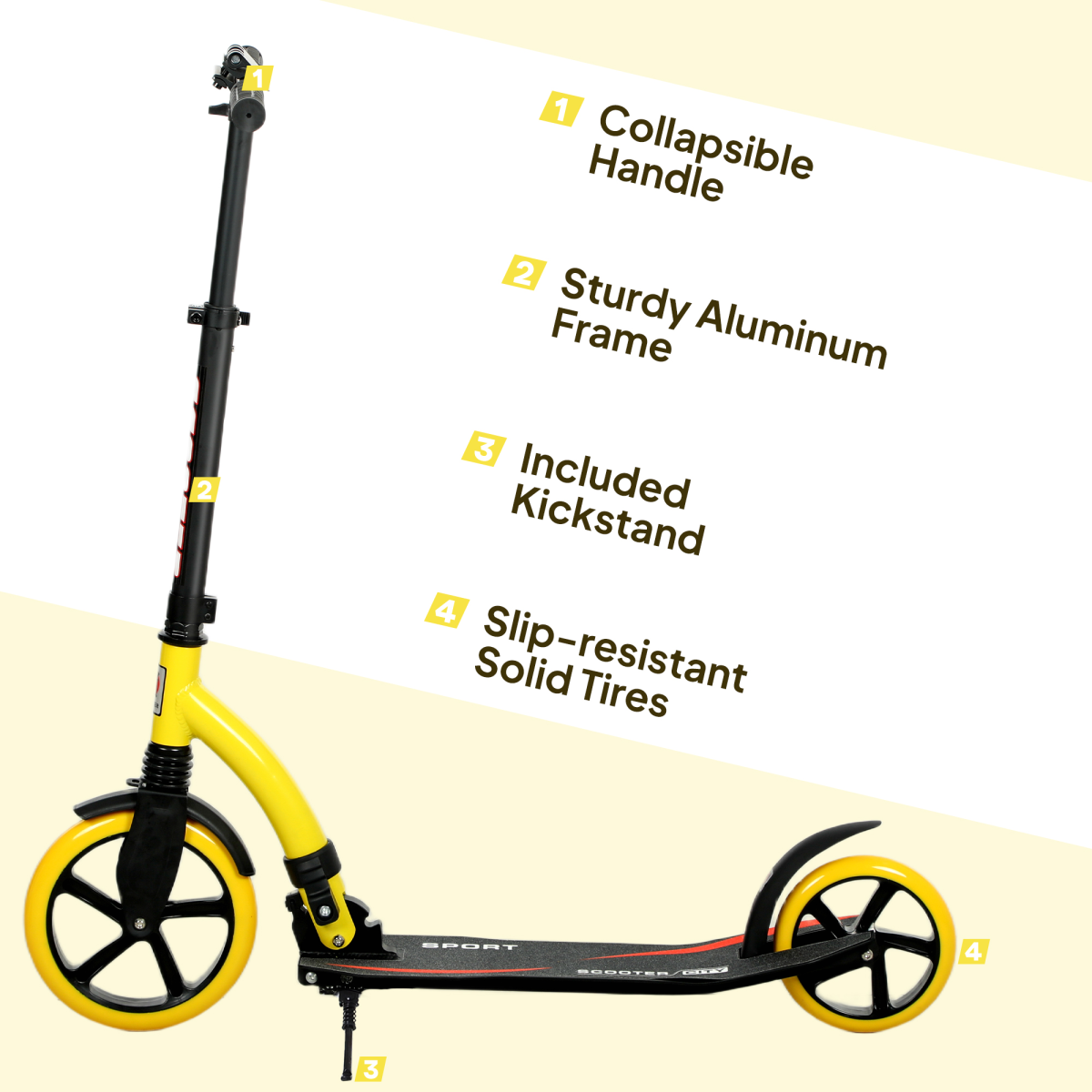 Lightweight Foldable Kick Scooter for Teens & Adults - Smooth Ride in Yellow