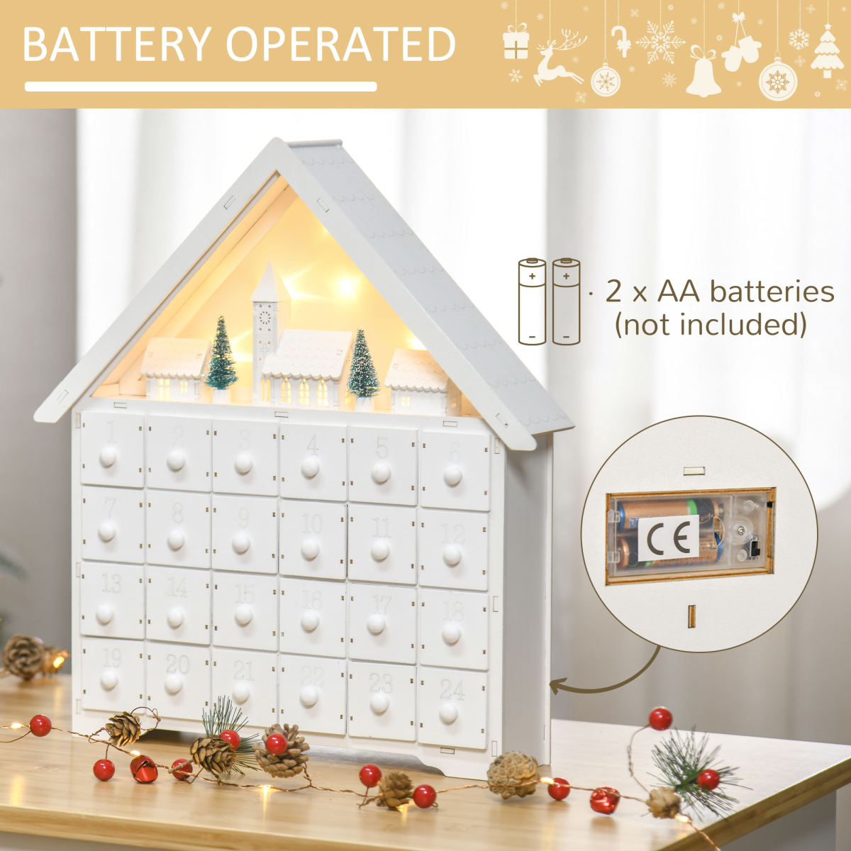 Wooden 24-Drawer Advent Calendar with LED Light-Up, White
