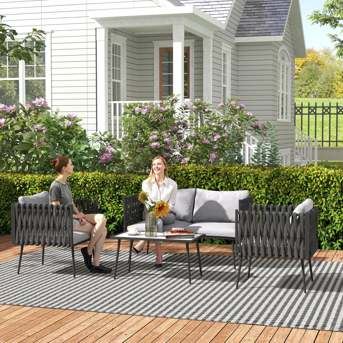 Chic 4-Piece Garden Furniture Set with Cushions & Elegant Faux Marble