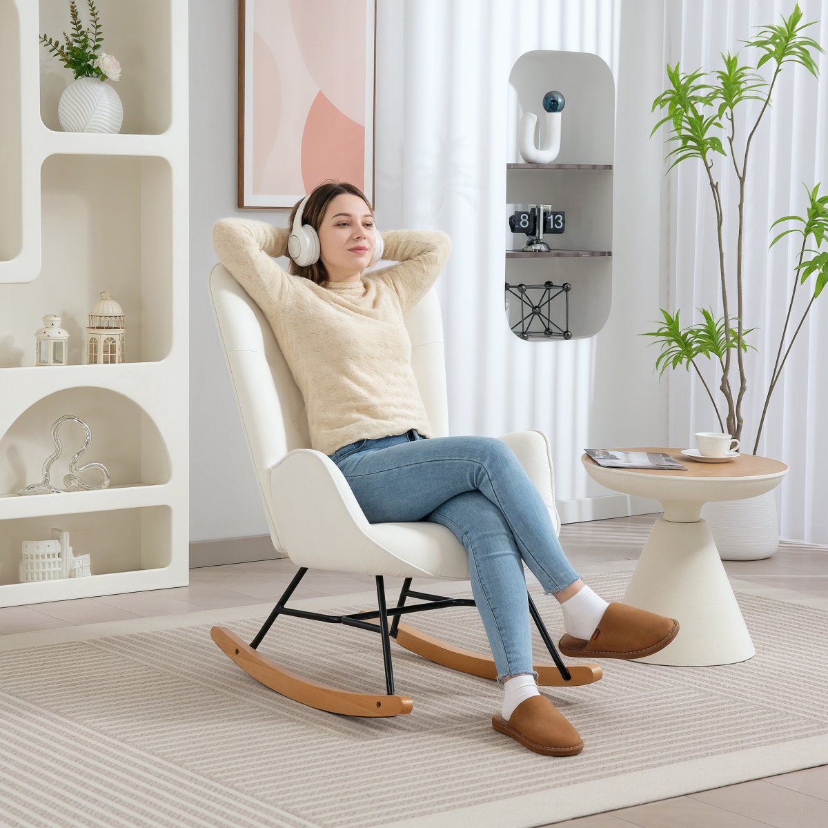 Chic Velvet Rocking Chair with Solid Wood Legs - Cream Elegance