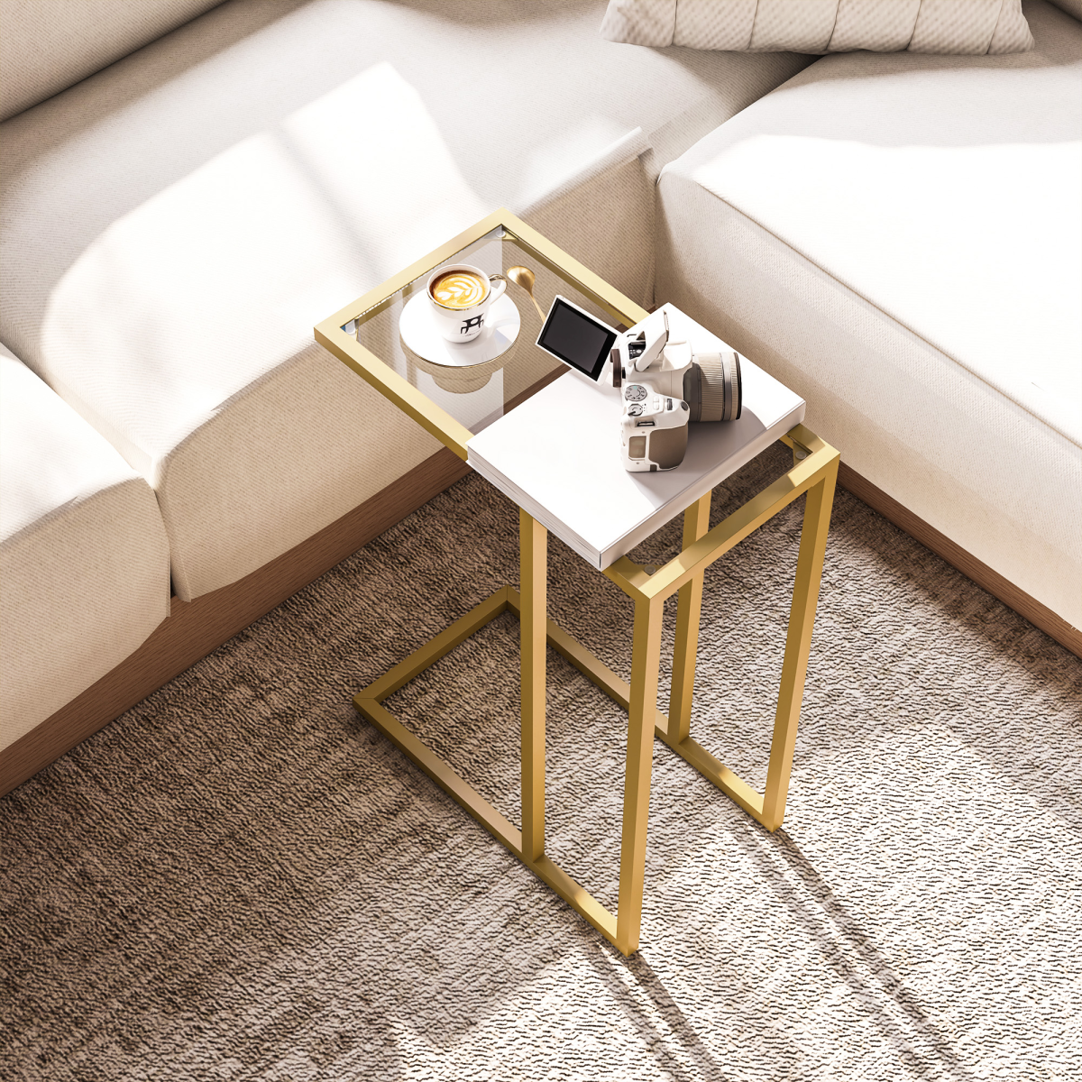Elegant C-Shaped Glass Side Table - Stylish Gold Steel Frame