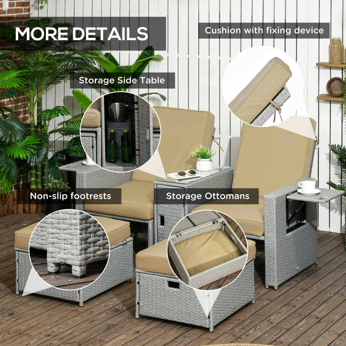 Ultimate 5-Piece Adjustable Rattan Sun Lounger Set with Storage - Beige Bliss