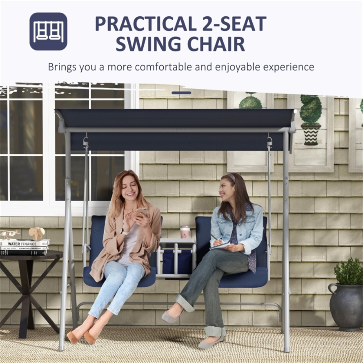 Double Delight Outdoor Patio Swing Chair with Canopy & Storage - Dark Blue