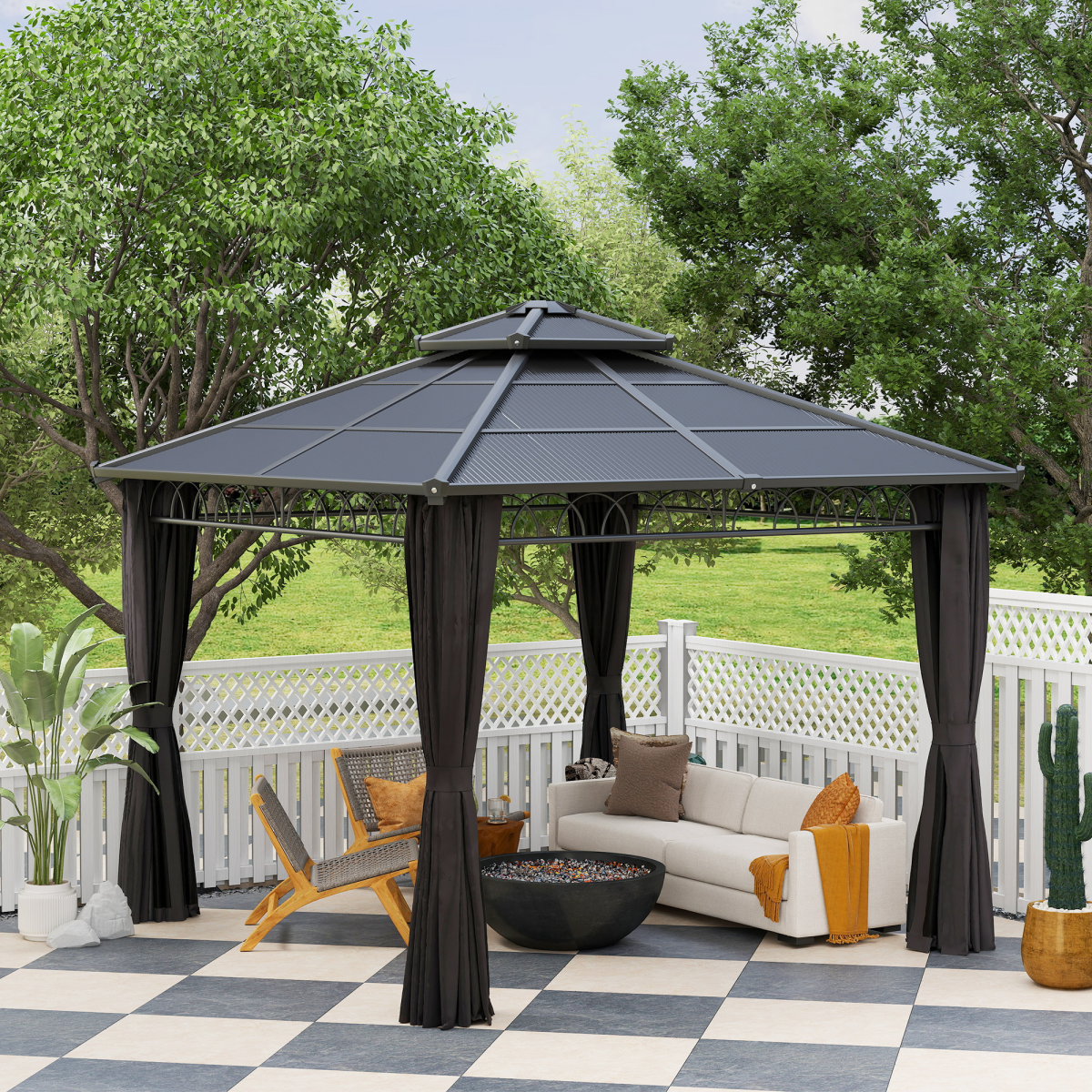 3x3m Double Roof Hard Top Gazebo with Mesh Nettings & Curtains
