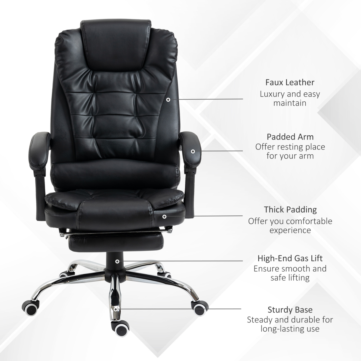 PU Leather High-Back Office Chair with Swivel Wheels - Black