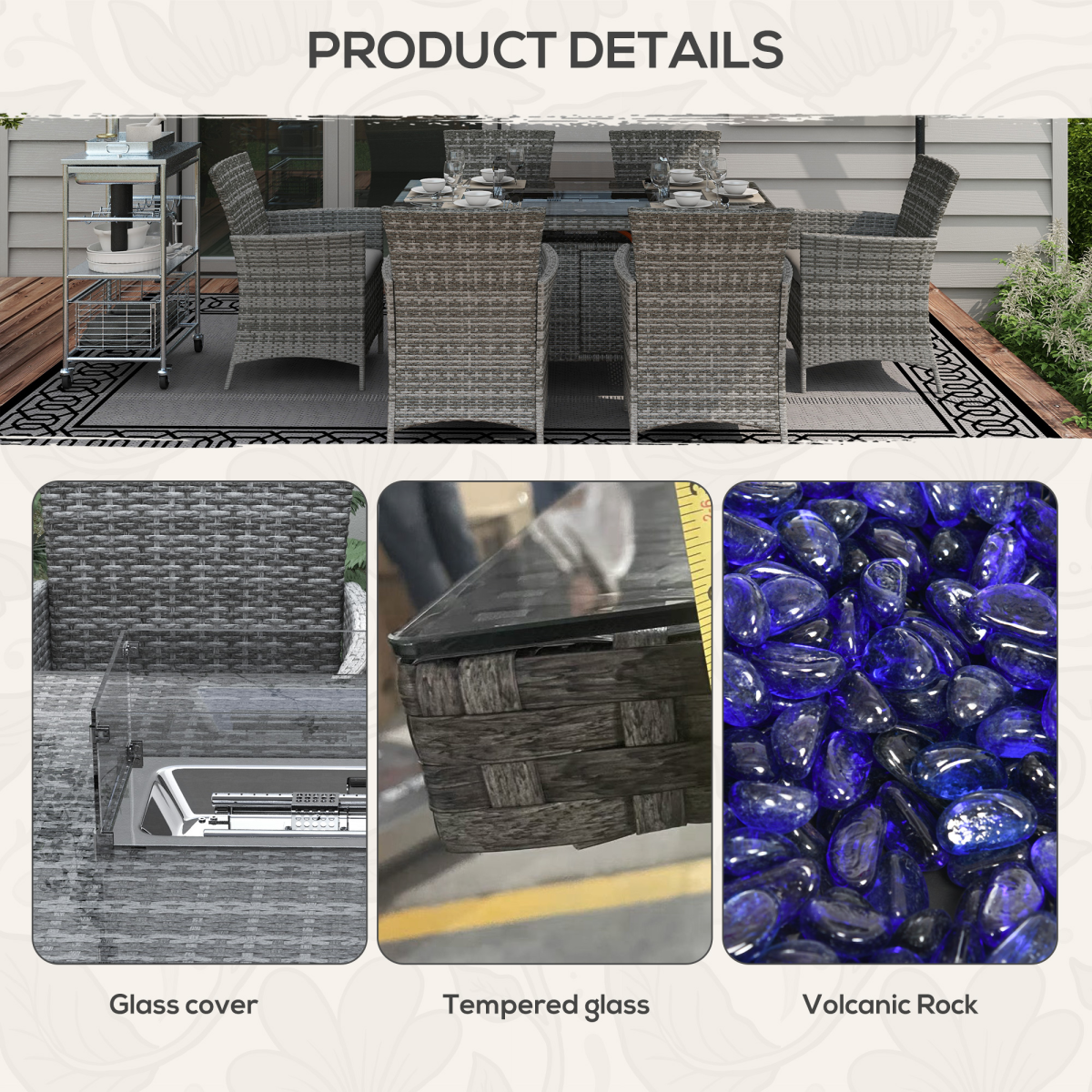 Gray PE Rattan Dining Set with Fire Pit Table & Cushioned Armchairs