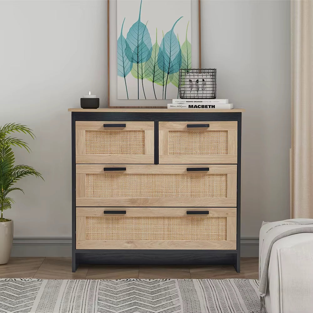 Beige Wooden Storage Cabinet with Rattan Drawer Console Table