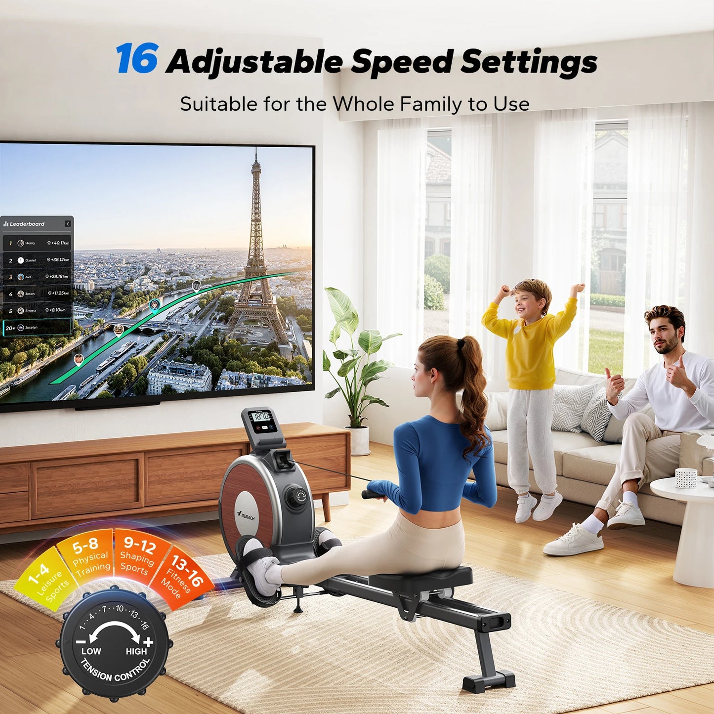 Q1S Rowing Machine Magnetic Rower Machine for Home 16 Levels Quiet Resistance Dual Slide Rail Max 350Lb Weight Capacity