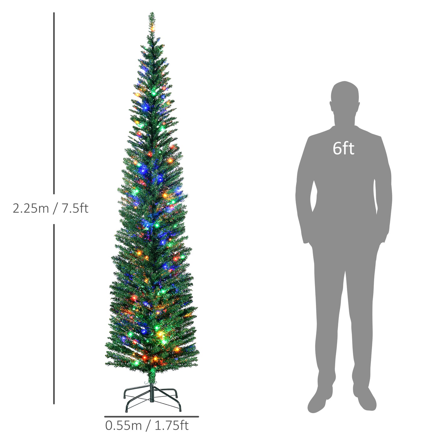 7.5ft Pencil Christmas Tree with Colorful Lights & Steel Base