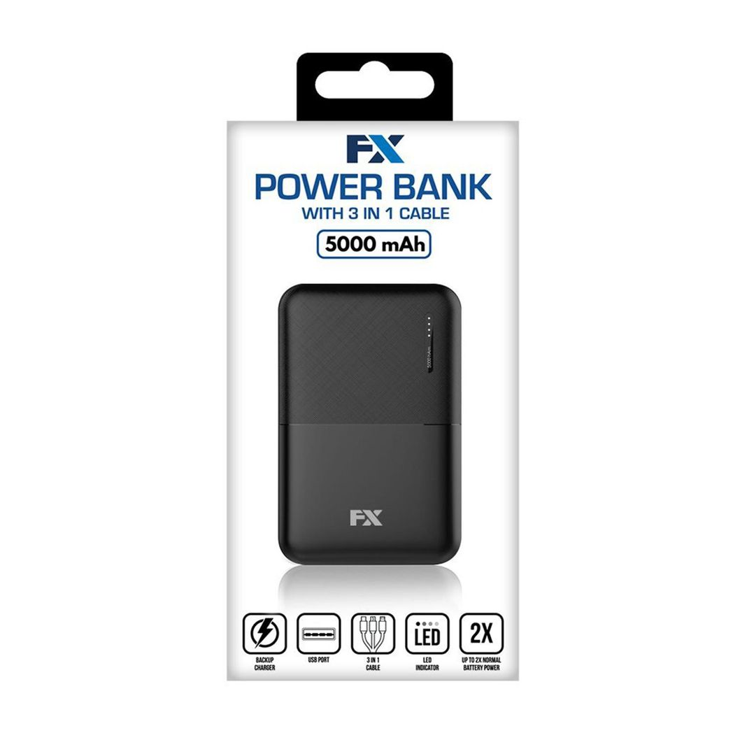 FX 5000mAh Power Bank - Dual USB Output, Fast Charge, Sleek Black Design