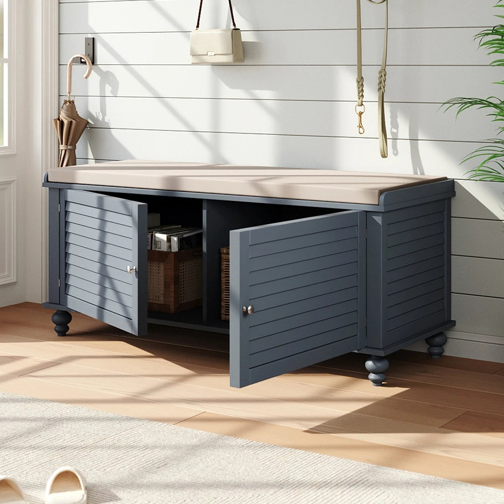 Wooden Shutter Door Shoe Cabinet Storage Bench with Linen Cushion