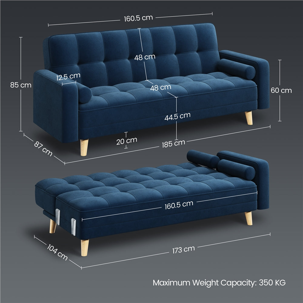 Convertible Sofa Bed, Sofa Bed Velvet Convertible Sofa Bed 3 Seater Futon Sofa Bed with 2 Bolster Pillows and 3 Adjustable Back Angles