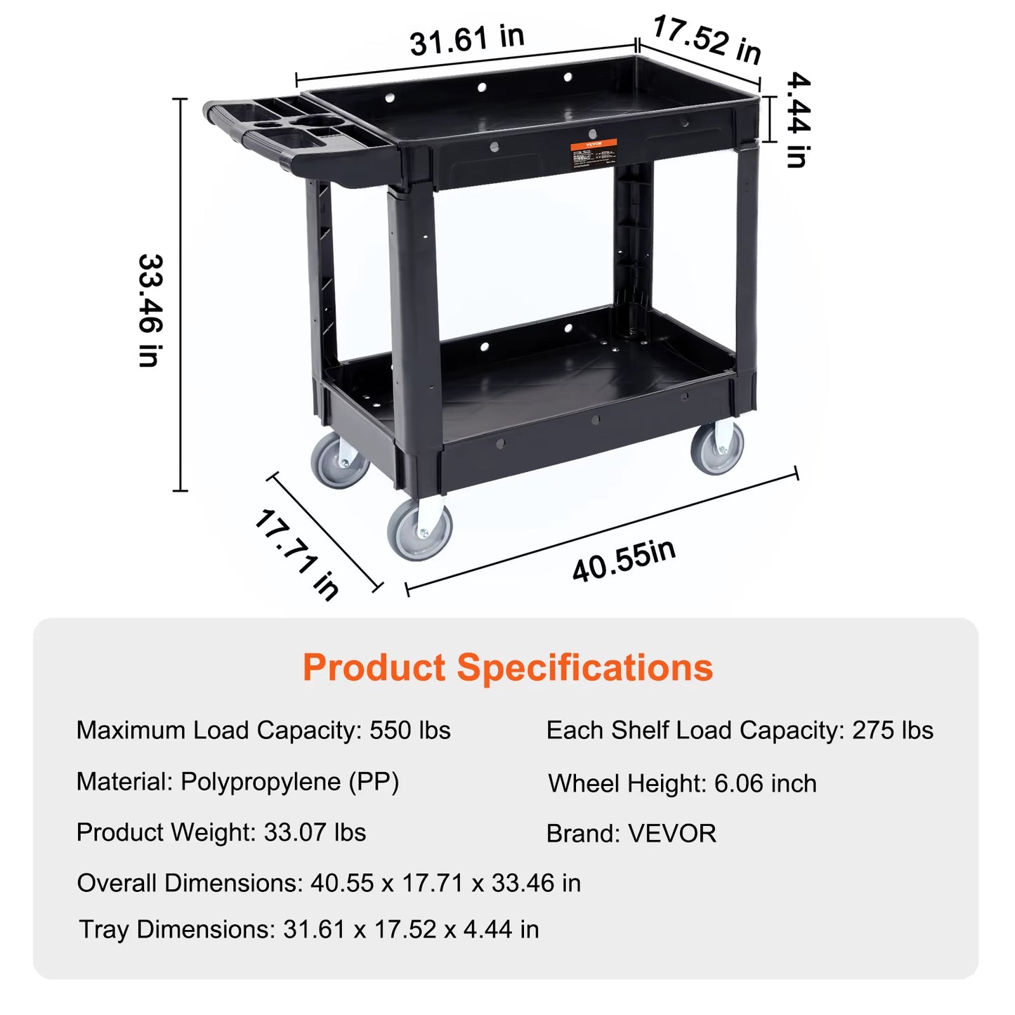 2/3 Shelf Utility Service Cart Heavy Duty with 360° Swivel Wheels Ergonomic Storage Handle for Warehouse/Garage/Cleaning