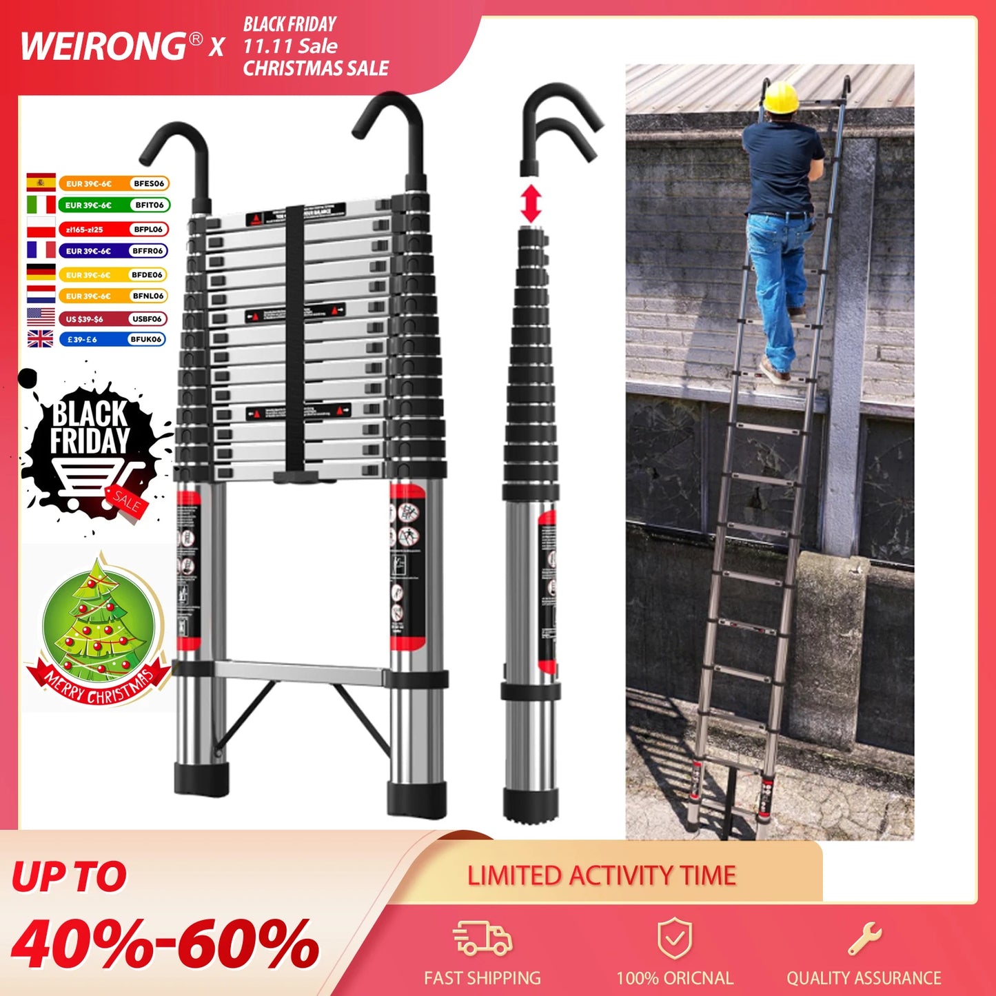 4.4M/14.4FT Telescopic Muilti-Purpose Foldable Stainless Steel Ladder with Hooks 14 Steps