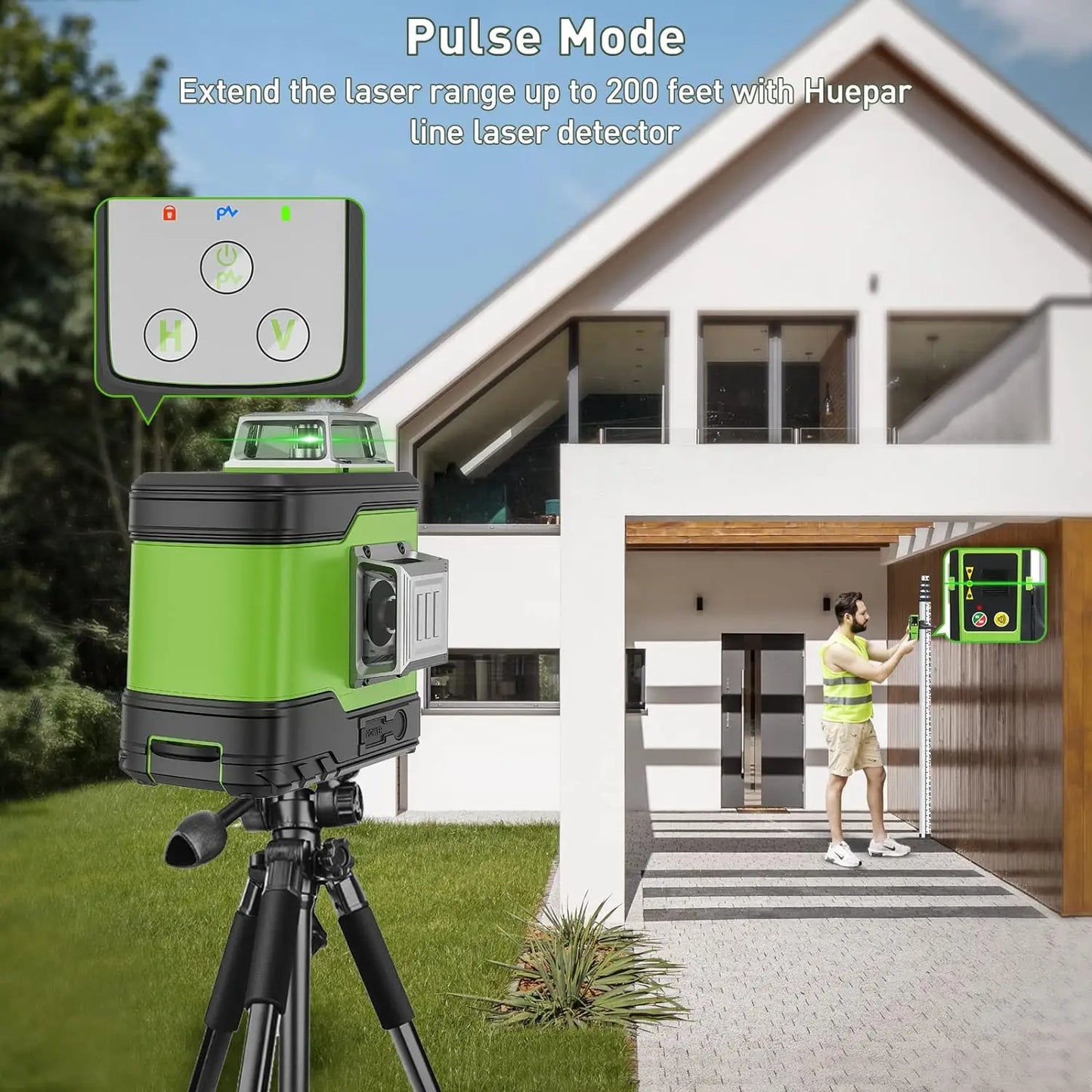 503CG 12 Lines 3D Cross Line Self-Leveling Laser Level 3 X 360 Green Beam Tool with 2Pcs Li-Ion Battery & Portable Bag