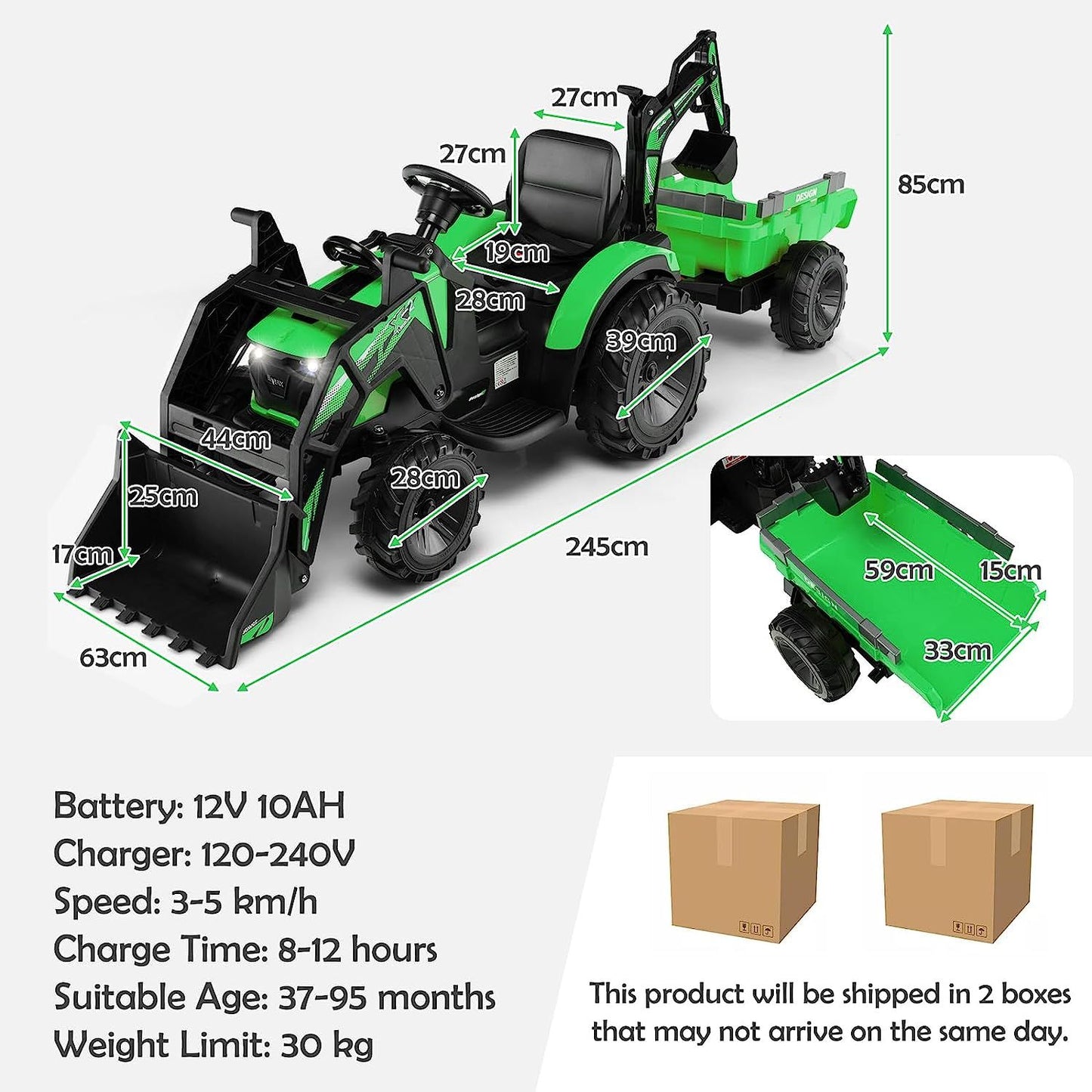 3 in 1 Ride on Tractor and Trailer with Shovel Bucket