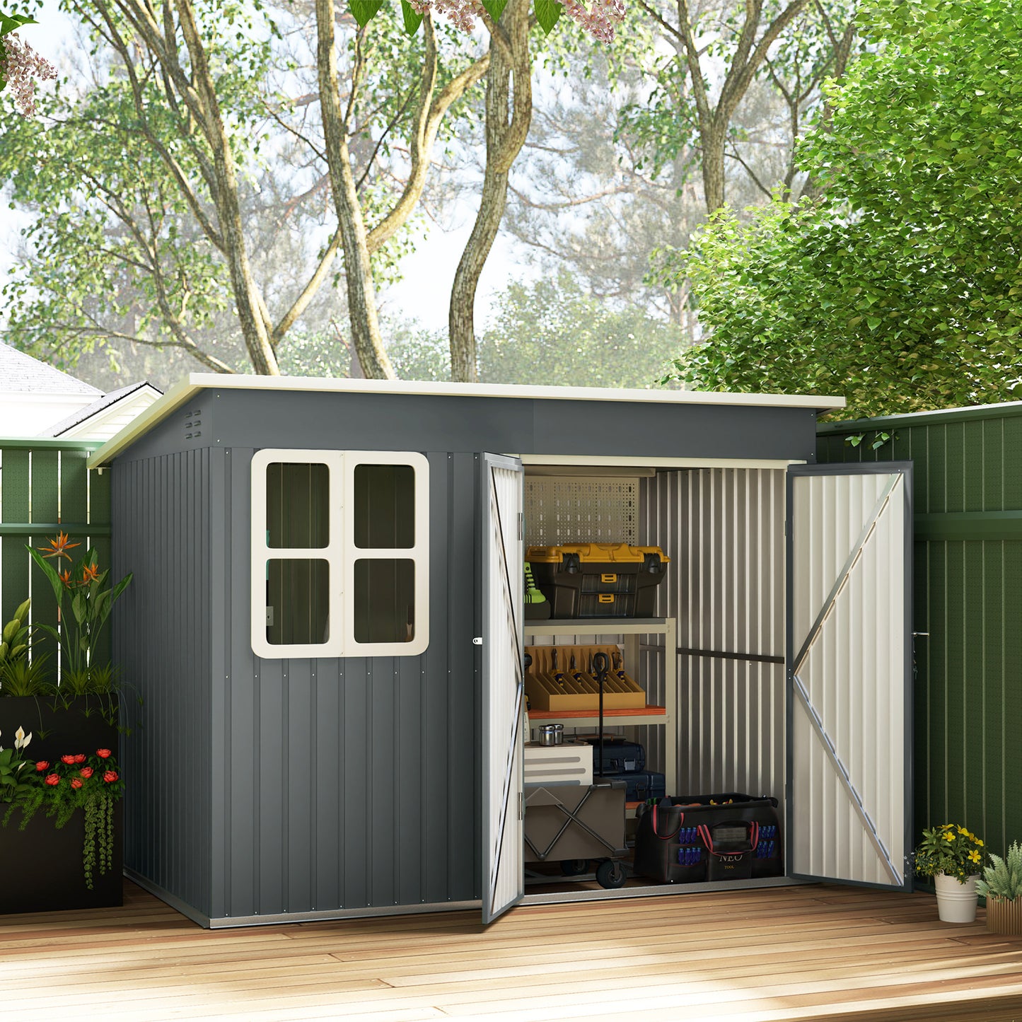 8.5x6 ft Galvanised Steel Garden Shed with Foundation Kit – Grey
