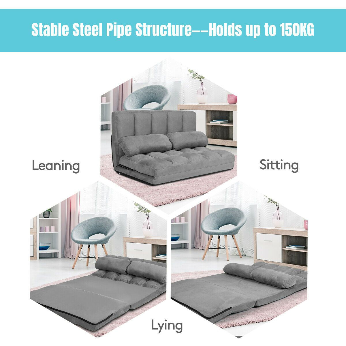 2 in 1 Folding Floor Lazy Sofa Bed with 6 Adjustable Seat Positions and 2 Pillows