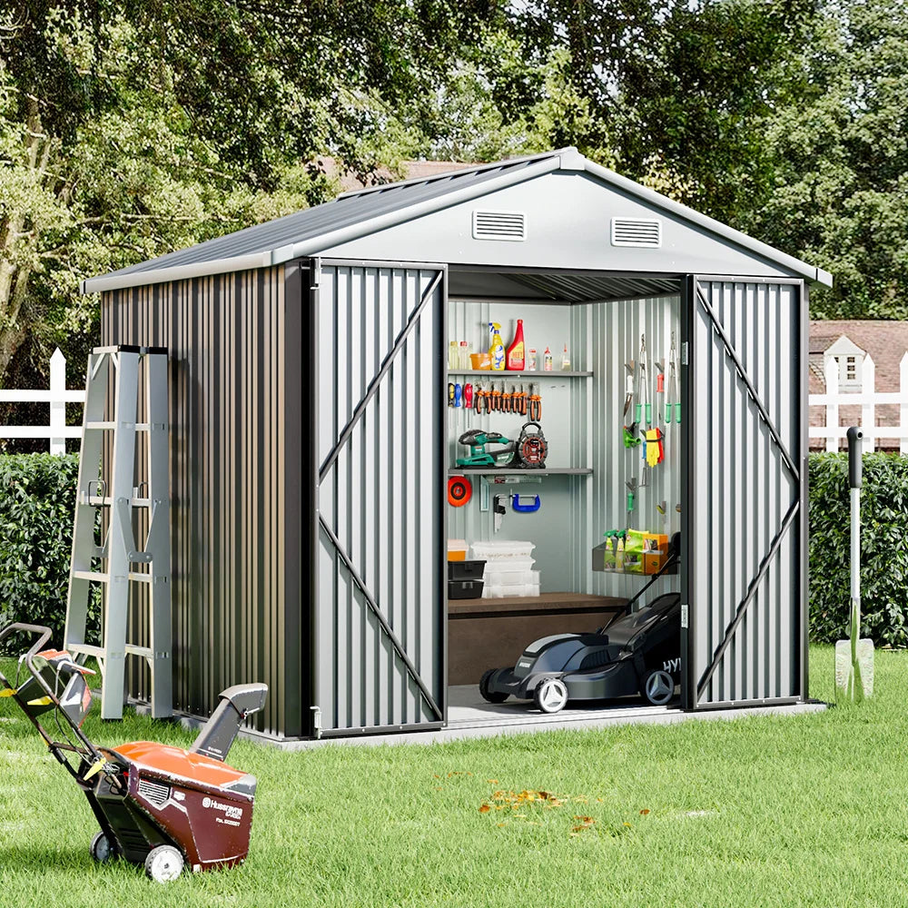 【】6 X 8 FT Outdoor Metal Storage Shed with Floor Frame Base, Galvanized Steel Garden Shed with 4 Ventilation Openings