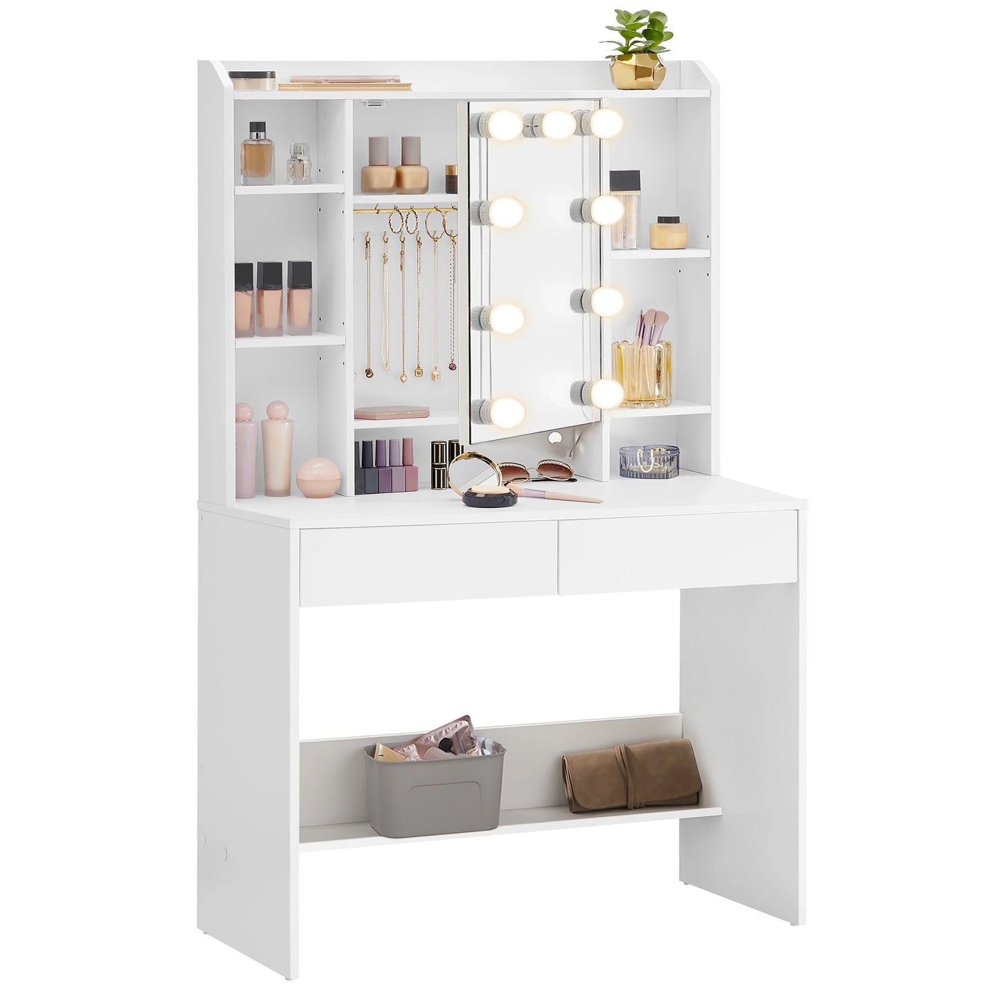 Dressing Table with LED Lights, 9 Bulbs, 3 Light Colours, Adjustable Brightness, Vanity Desk with Mirror,2 Drawers