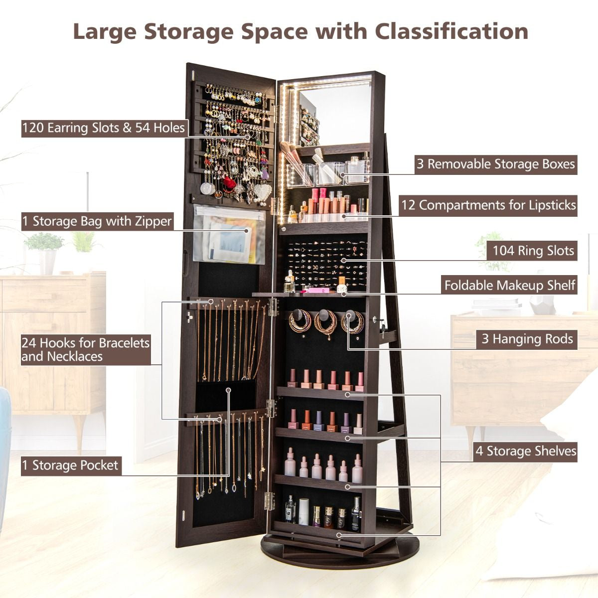 360-Degree Mirrored Jewelry Armoire with 3-Color Auto-On LED Lights