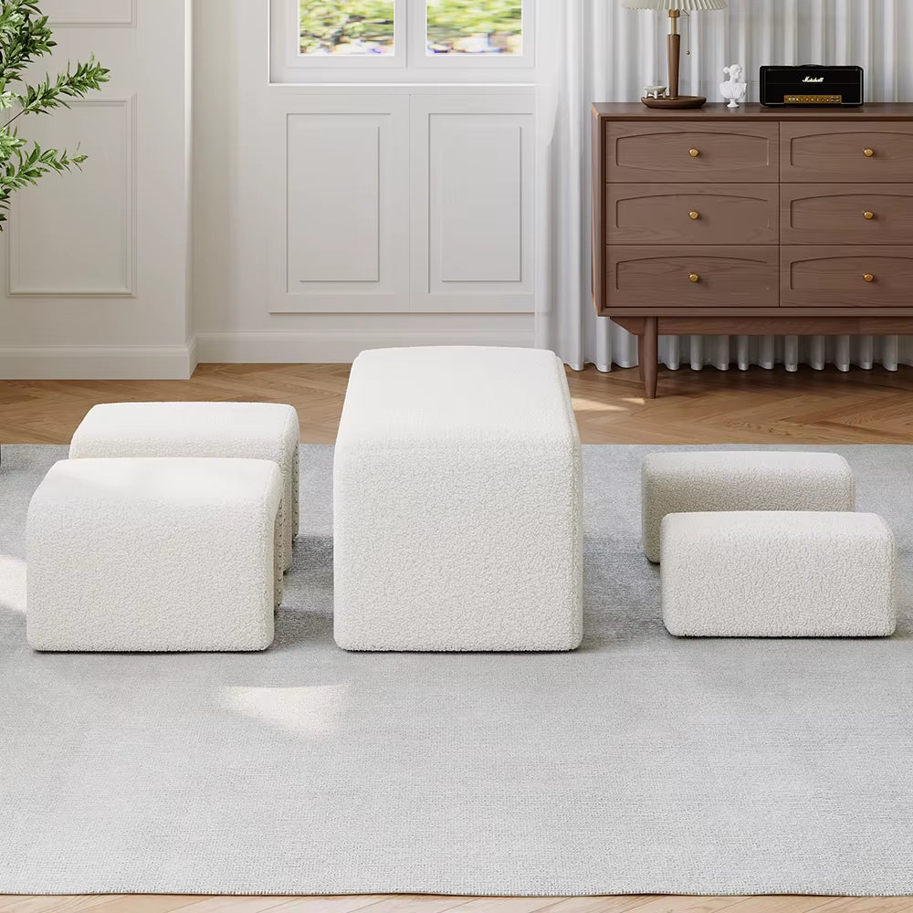 White Upholstered Teddy Fleece Ottoman Bench Set for Bedroom Living Room and Makeup Room