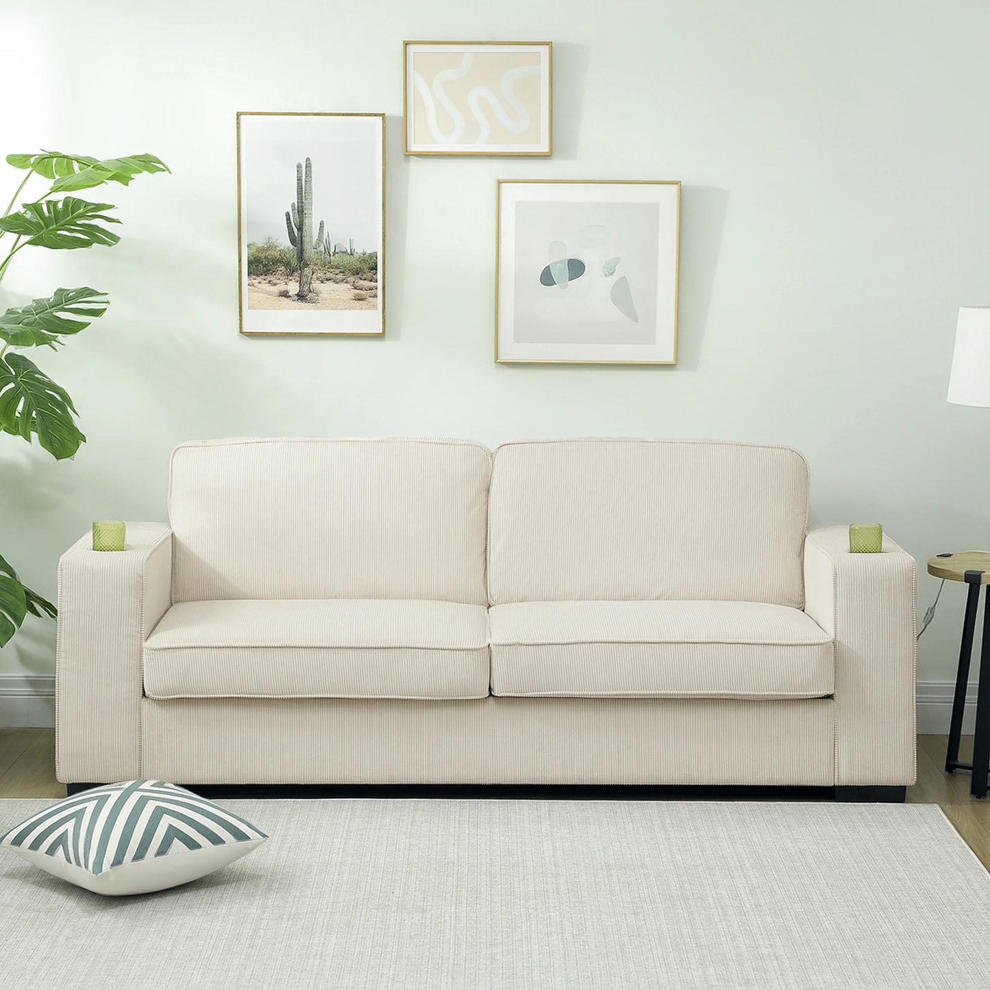 Modern 3 Seater Sofa Upholstered Corduroy Sofa Couch Cream White