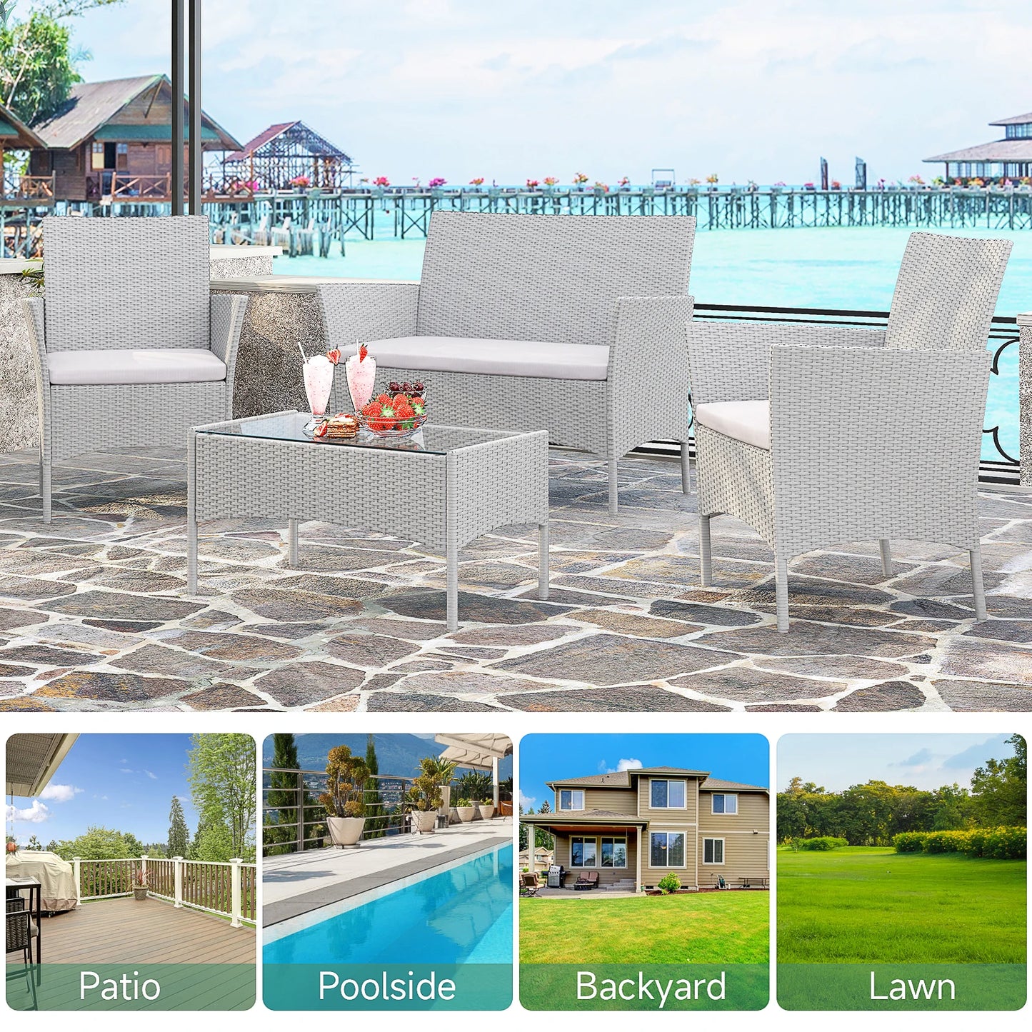 4 Piece Rattan Garden Furniture Set with Cushions Patio Outdoor