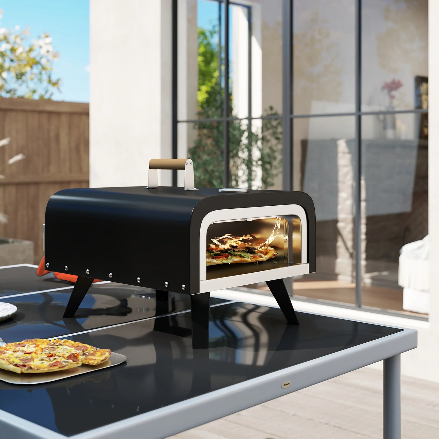 Outdoor Tabletop Gas Pizza Oven, 12" Stone & Peel, Portable with Thermometer, Foldable Legs, Handle, Gas Hose, Black