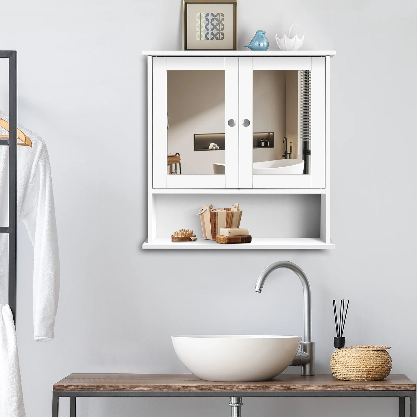 Bathroom Cabinet Wall-Mounted Storage Cabinet Modern Toilet Cupboard Storage Unit with Double Mirror Door Adjustable Shelf White