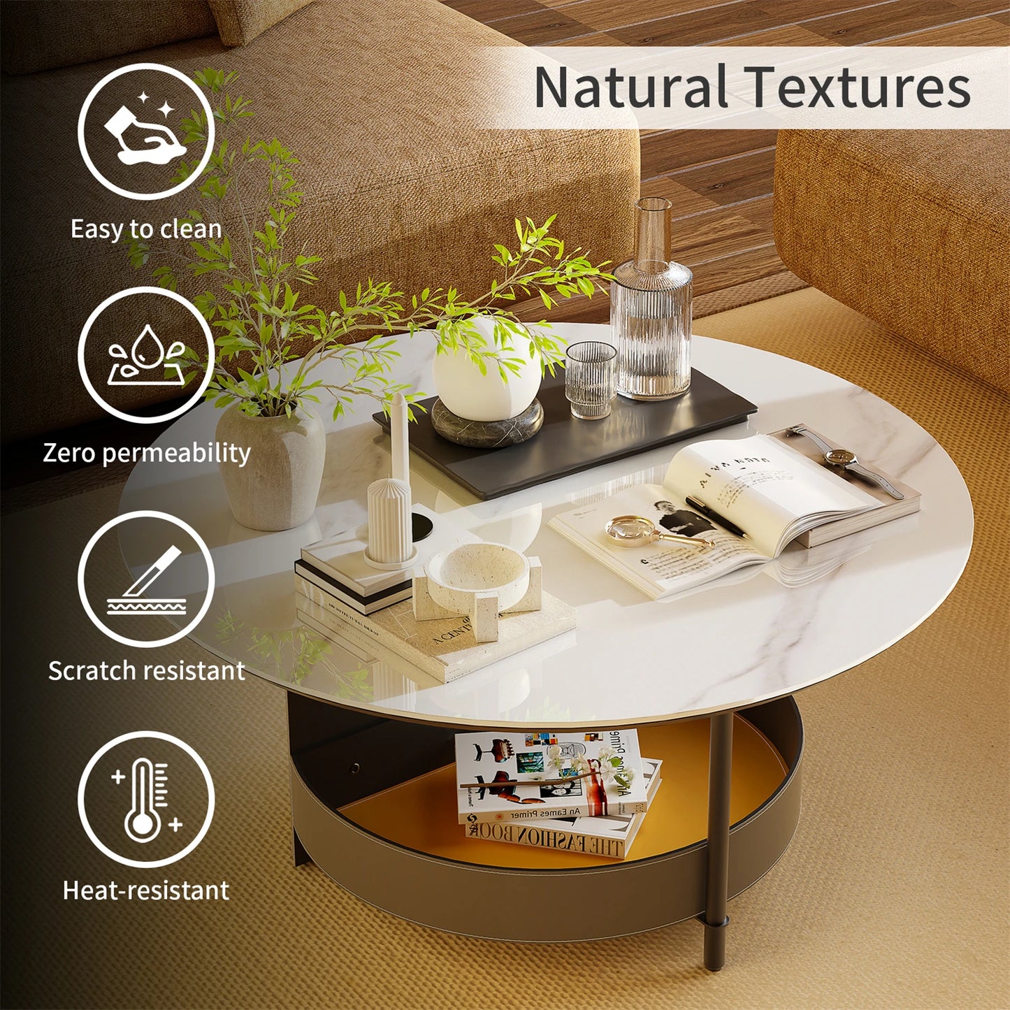 Round Coffee Side End Table with Sintered Stone-Top and Microfiber Saddle Leather Storage Shelf