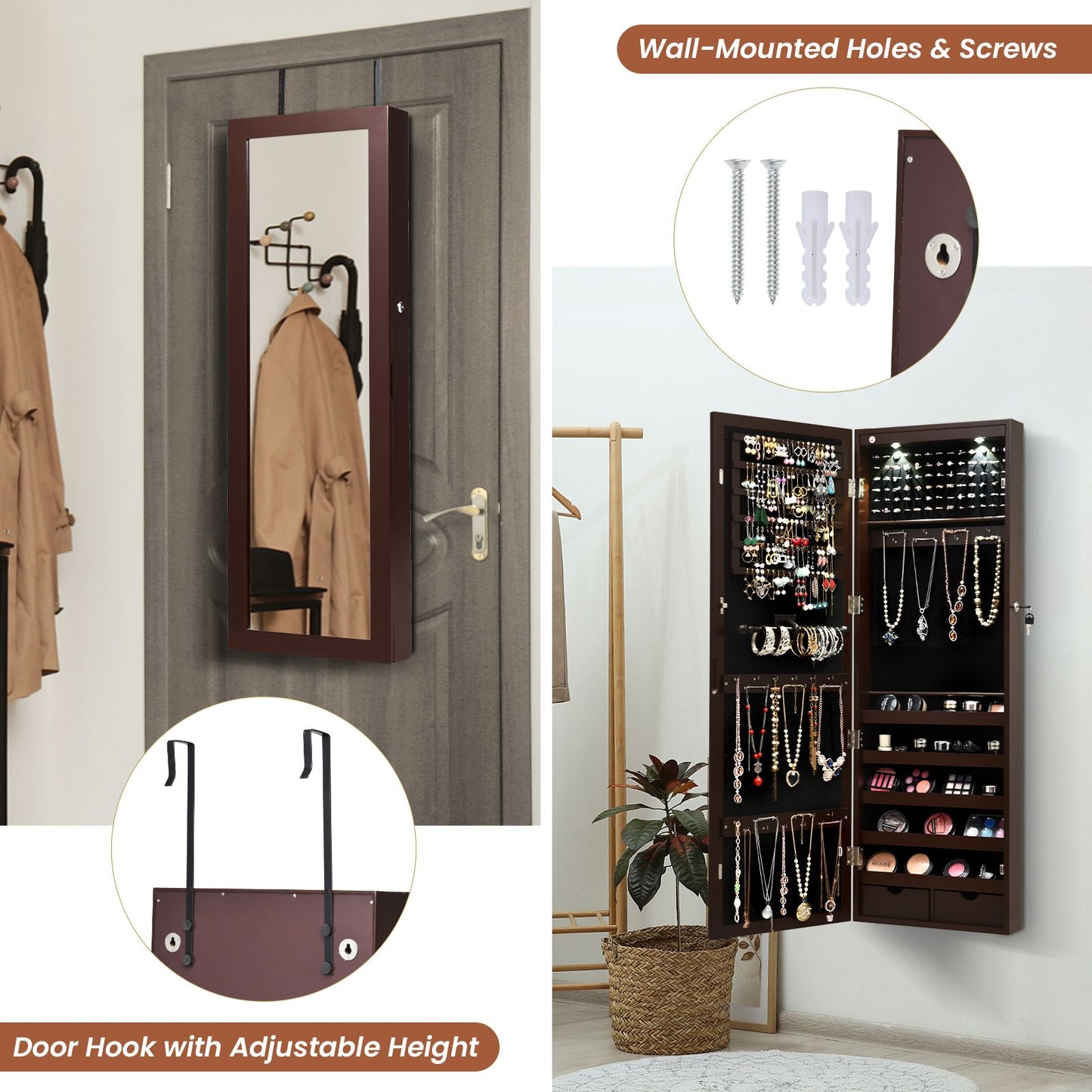 Lockable Jewelry Cabinet with Full Length Mirror and LED Lights