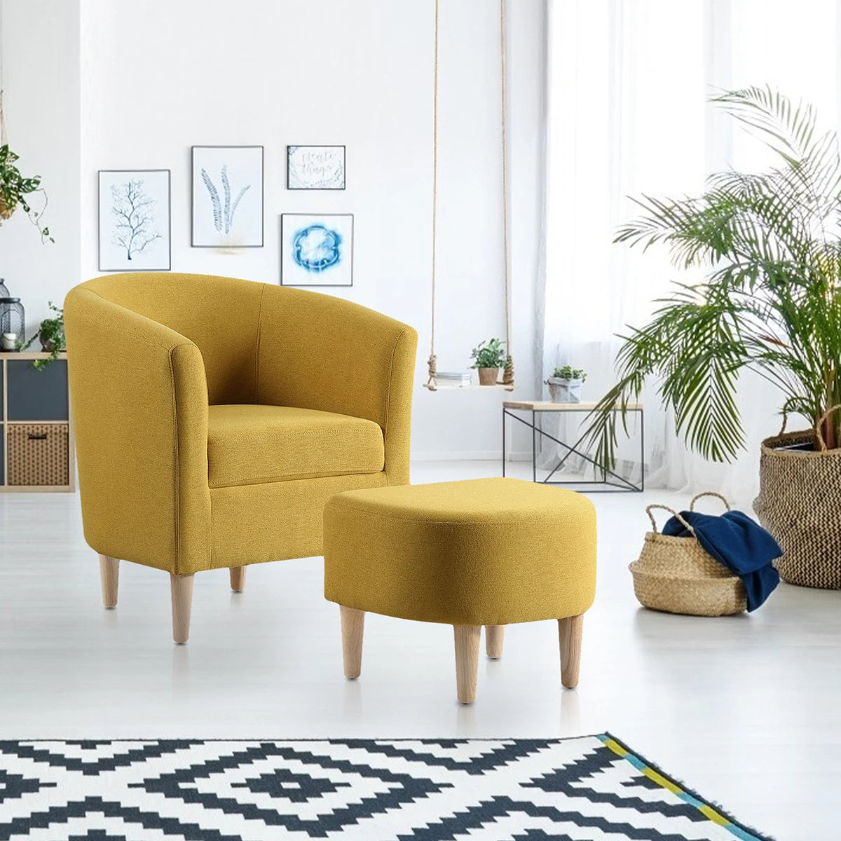Bucket Chair Snuggle Boucle Arm Chair with Footstool for Bedroom Single Sofa Comfy Accent Tub Chairs Armchair for Livng Room