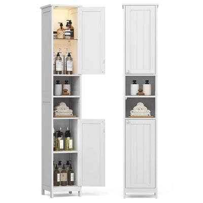 Tall Bathroom Cabinet with Lights, Freestanding Narrow Storage Unit with Adjustable Shelves, Open Compartments