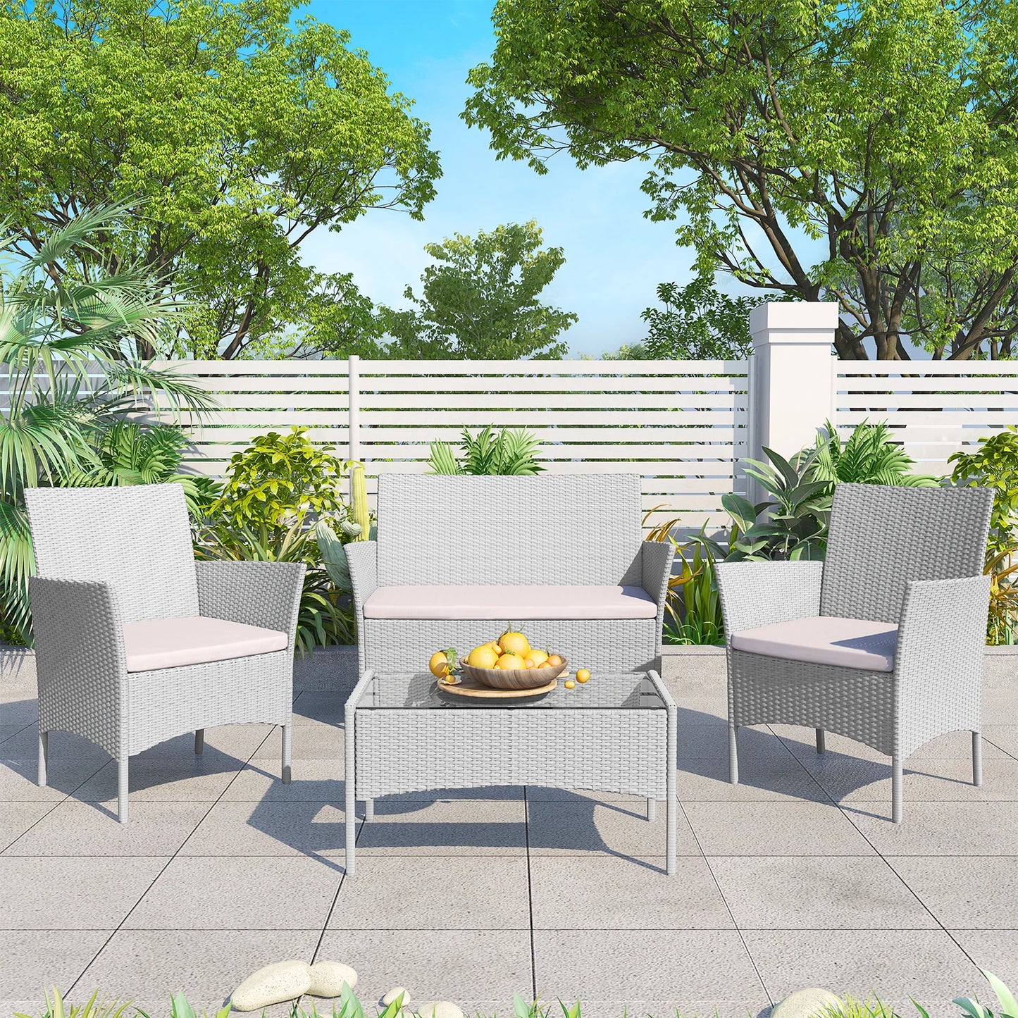 4 Piece Rattan Garden Furniture Set with Cushions Patio Outdoor