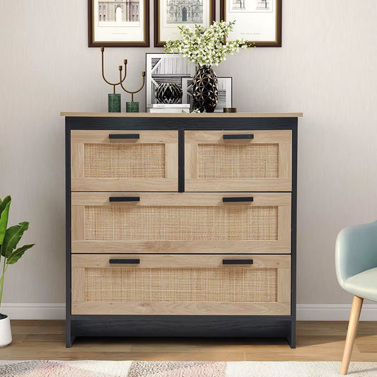 Beige Wooden Storage Cabinet with Rattan Drawer Console Table
