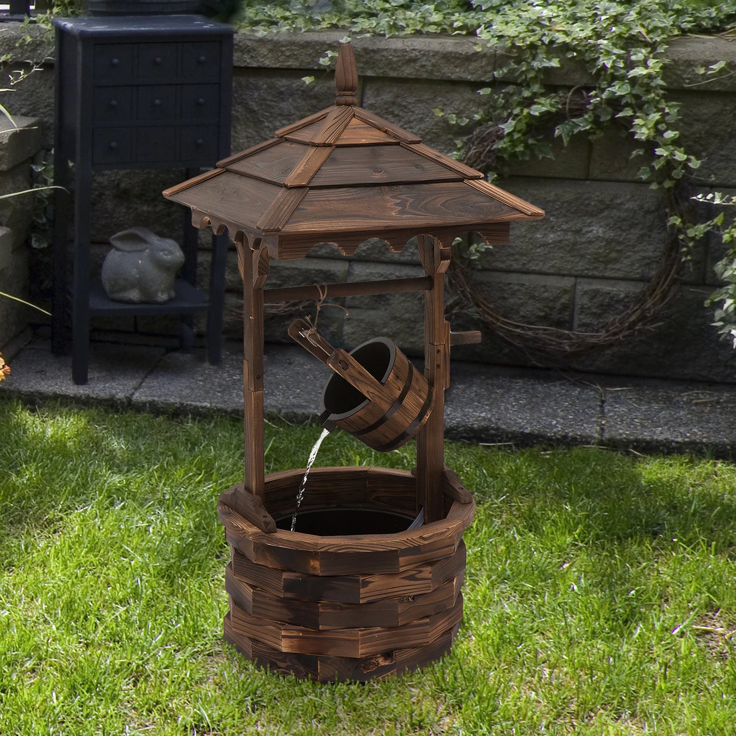 Wooden Garden Wishing Well Fountain with Pump and Barrel Waterfall