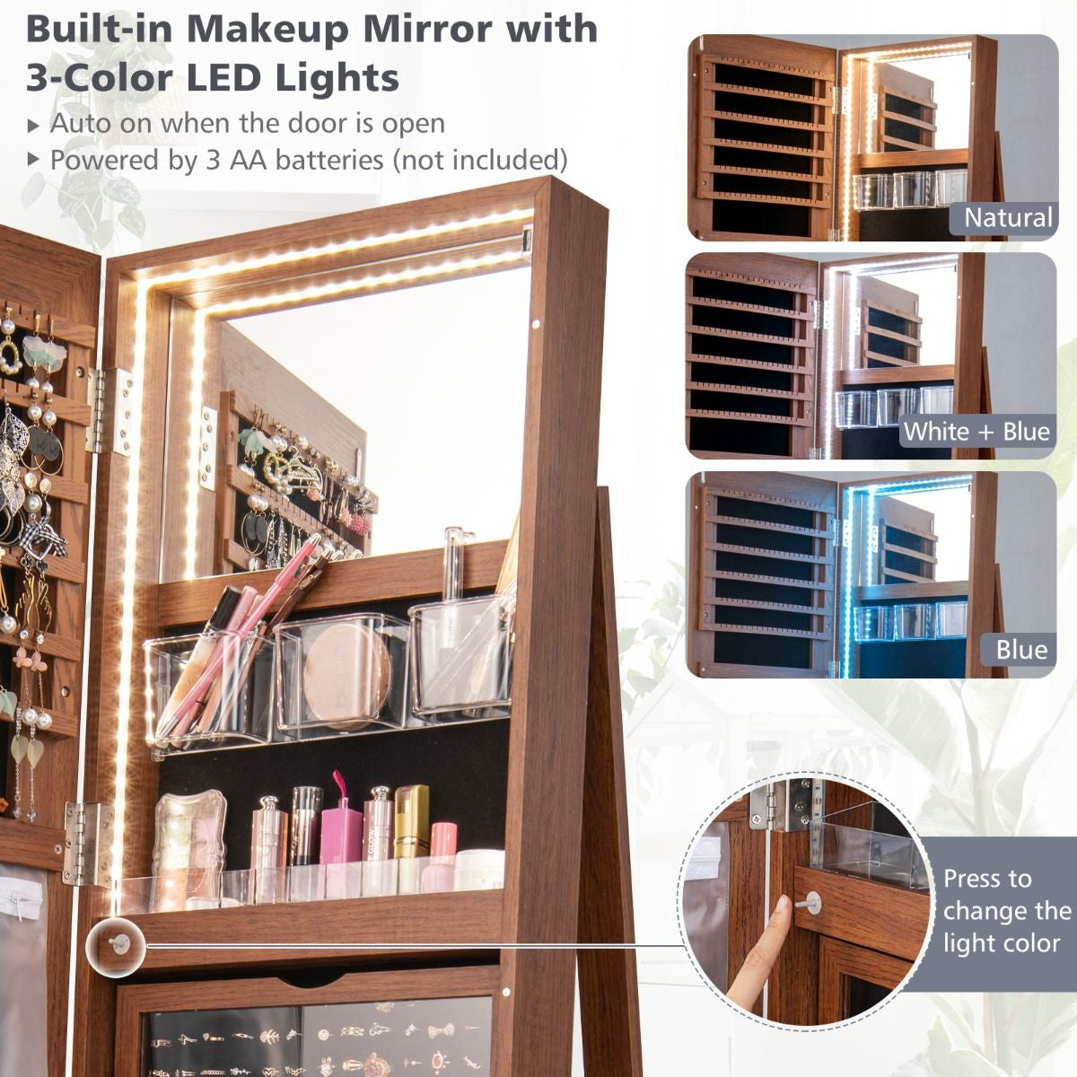 360-Degree Mirrored Jewelry Armoire with 3-Color Auto-On LED Lights
