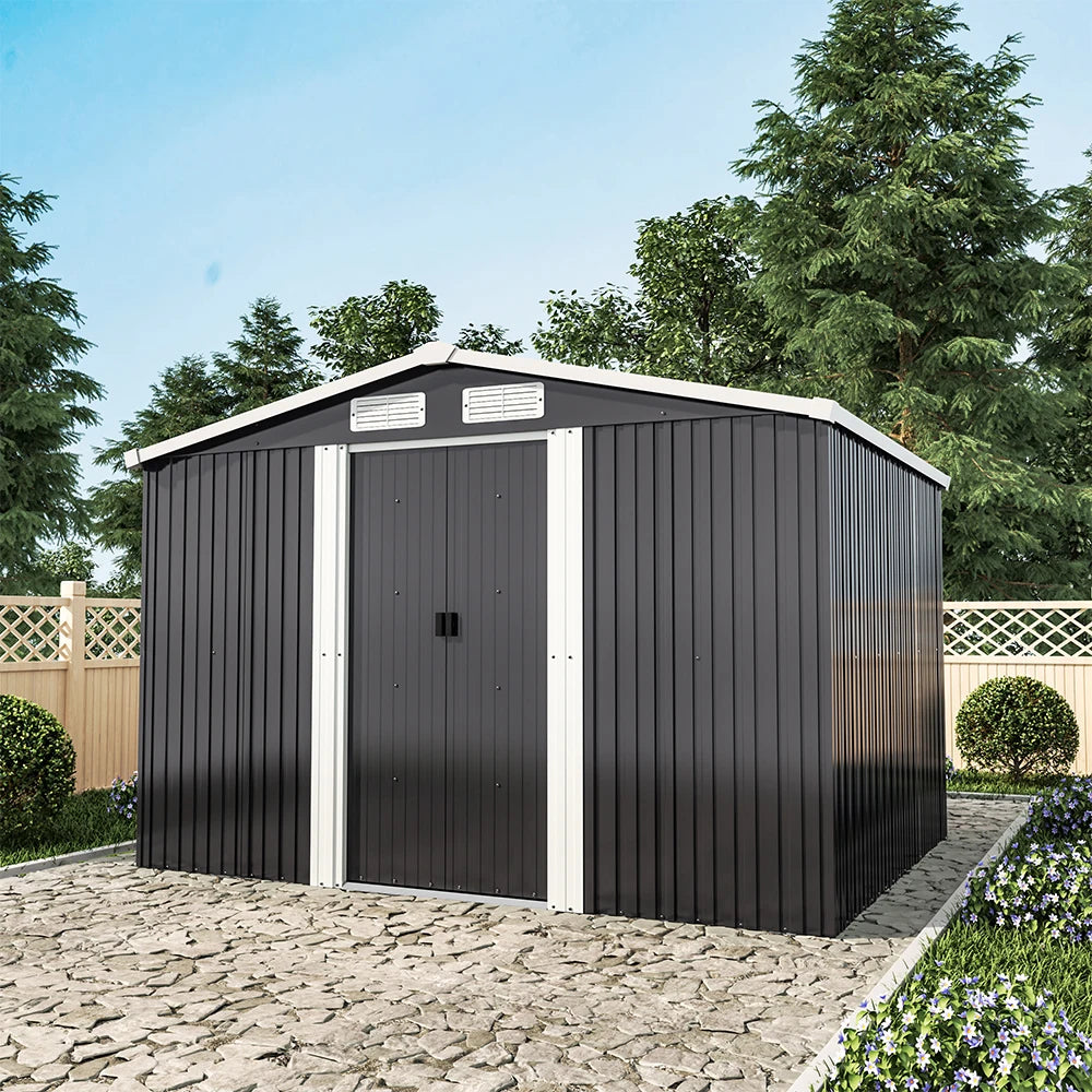 6 X 8 FT Black Outdoor Storage Shed, Metal Large Shed Garden with Air Vent, 2 Slide Door