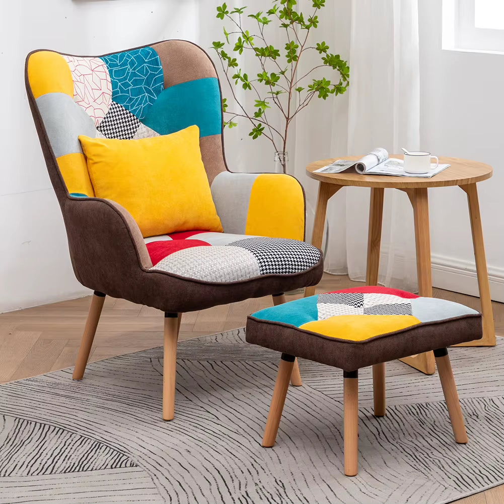 Linen Tufted Back Armchair Multicoloured Velvet Upholstered Wingback Armchair with Footrest and Plush Cushion