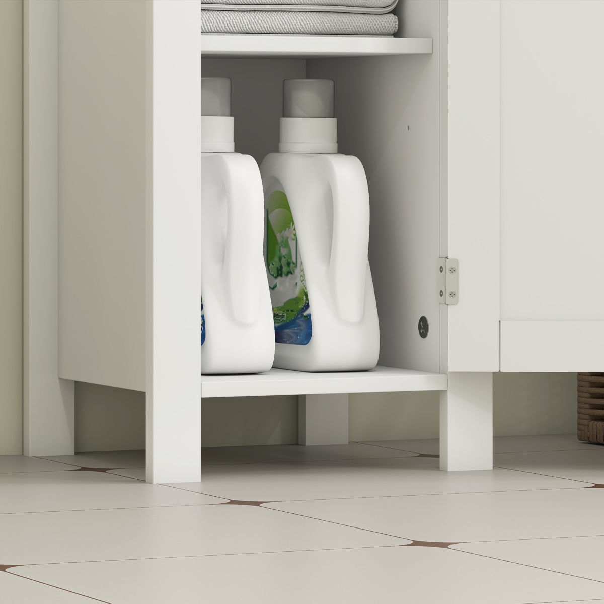 Sleek White Narrow Bathroom Storage Cabinet with Open Shelf & Two-Tier Cupboard