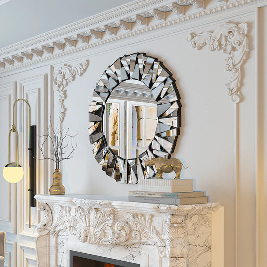 32" Wall Mirrors Decorative round Sunburst Mirror for Wall Decor Modern Silver Glass Wall-Mounted Beveled Hanging Circle Accents