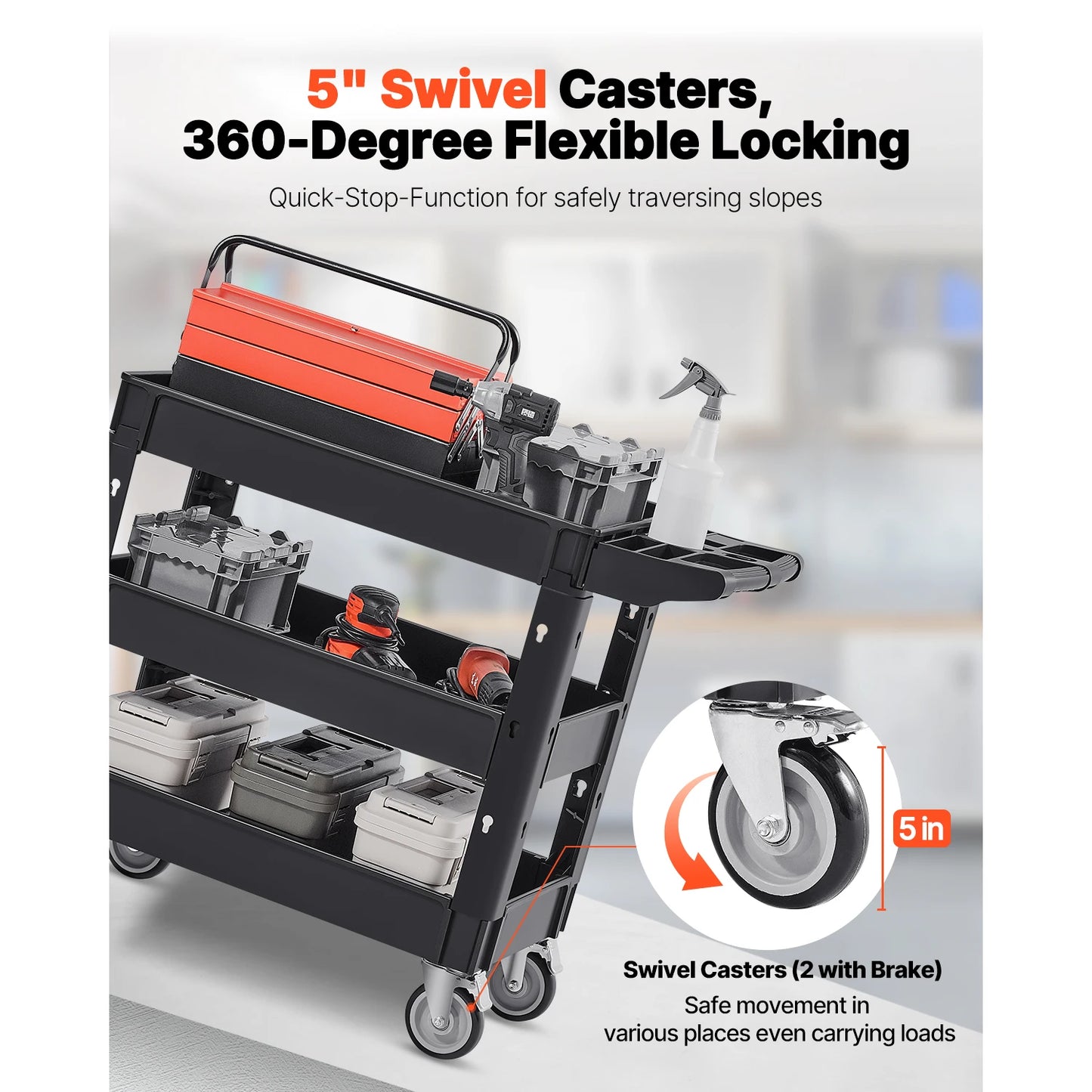 2/3 Shelf Utility Service Cart Heavy Duty with 360° Swivel Wheels Ergonomic Storage Handle for Warehouse/Garage/Cleaning
