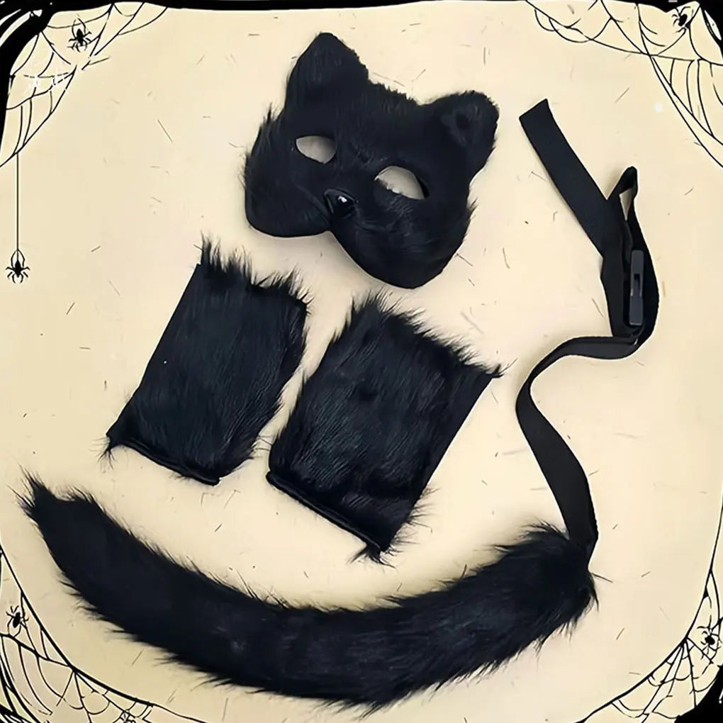 Simulated Costume Halloween Set with Plush Gloves Mask and Tail Prop Furry Tail Can Be Placed