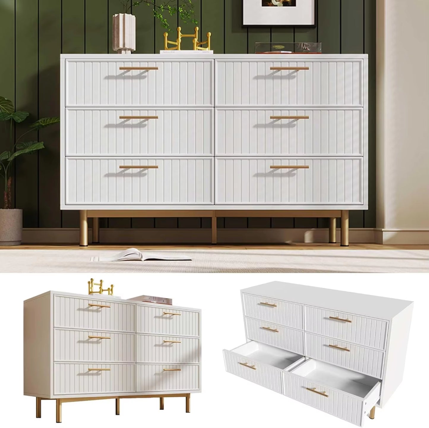 Sideboard Cabinet for Living Room Chest of Drawers with 6 Drawers 40D X 120W X 75H CM (White)