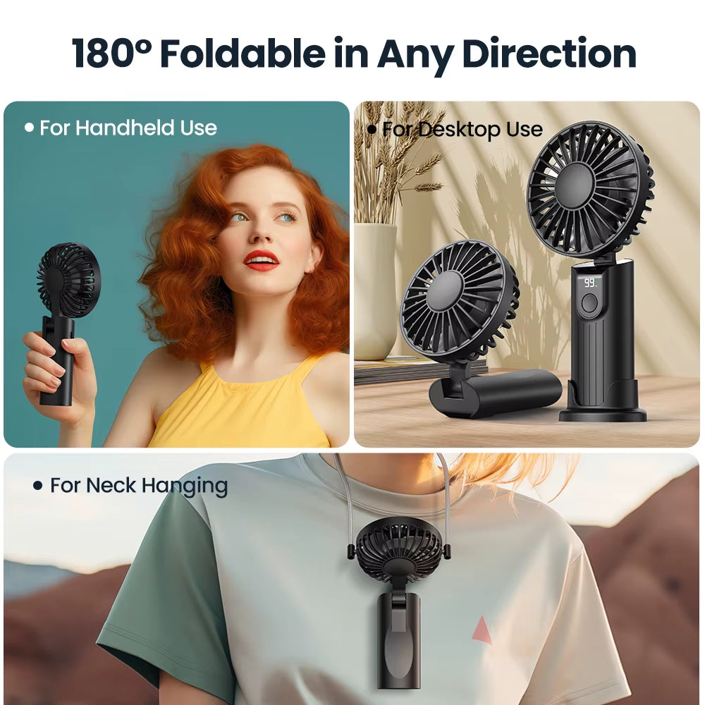 Portable Handheld Fan 5000Mah USB Rechargeable Foldable Fan 3 in 1 Personal Travel Fan with Digital Display Desk Fan