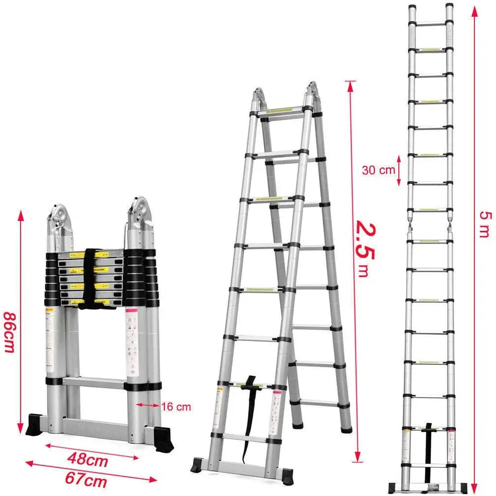 Telescopic Aluminium 2.6M-5M Folding Step Ladder,Multi-Purpose,Non-Slip,Extendible,Rungs,Lightweight,150Kg Load Capacity