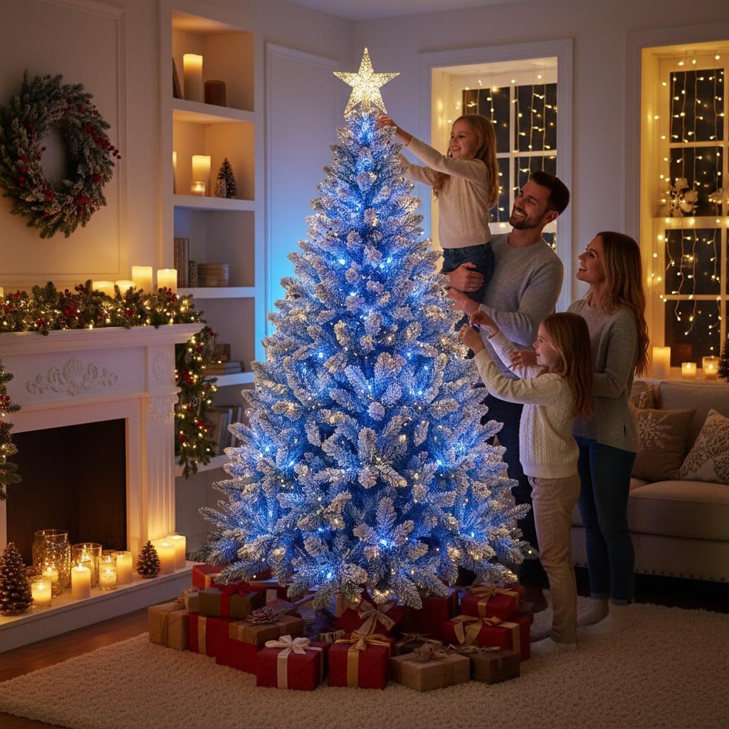 4Ft-8Ft Christmas Tree Prelit Flocked Blue LED Lights Multifunction, Snow Dusted Artificial Pine Foldable Metal Stand Tips Hinged Branches